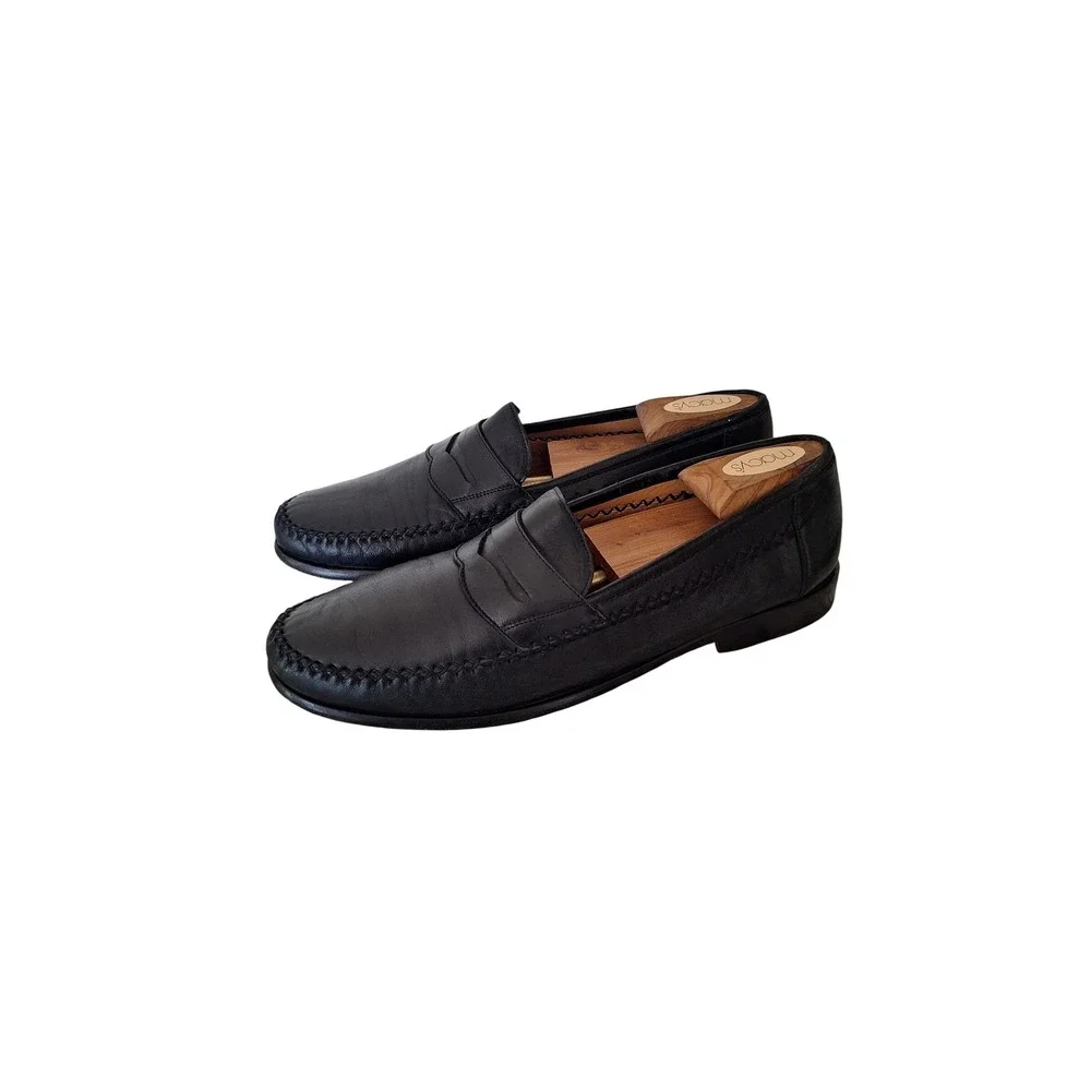 Salvatore Ferragamo Mens Black Leather Whipstitch Penny Loafers 9.5 D Italy